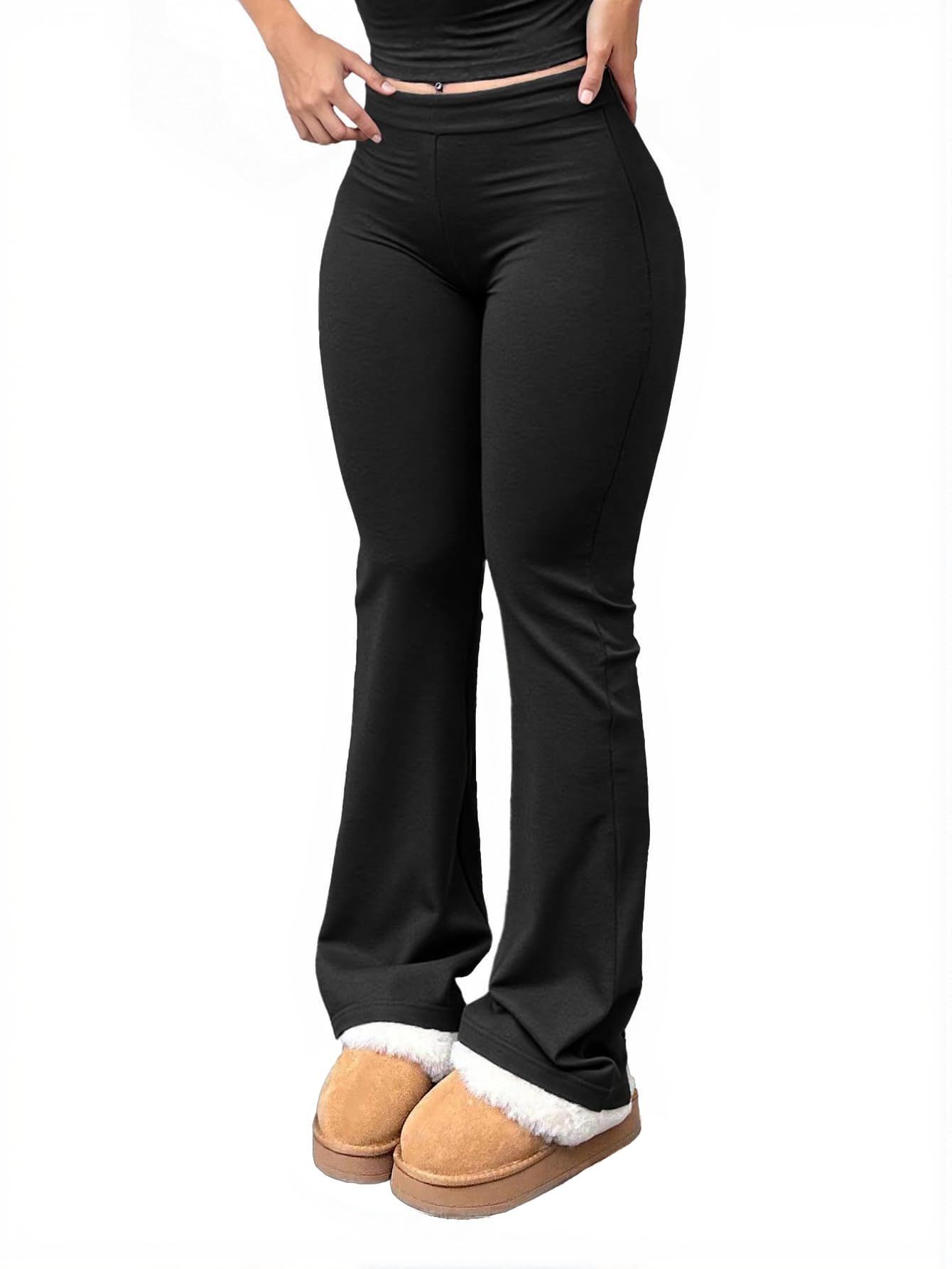Womens Casual High Waist Flare Lounge Pants Stretchy Modal Bootcut Workout Trousers with Pockets