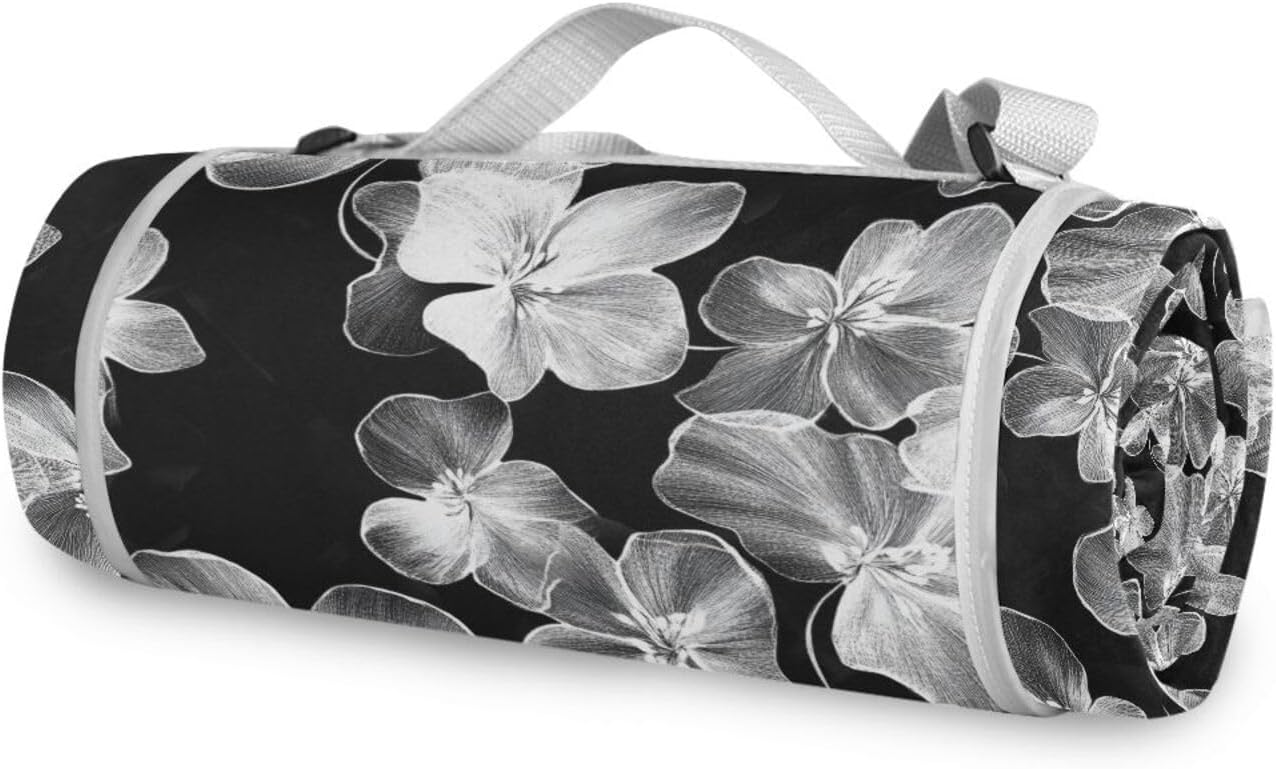 Round Packable Blanket - Fits 2 Adults, Summer Accessories Sand Free Picnic Blankets Large Dual Layer, Sand-Free, Soft Throw Rug 58 in (Sketch White Flowers)