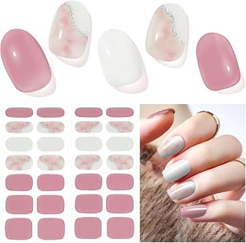 Semi Cured Gel Nail Strips, Pink Camellia | 28 pcs, UV Gel Nail Stickers, Full Nails Wraps, UV Light Required, Women Home DIY Nails Art