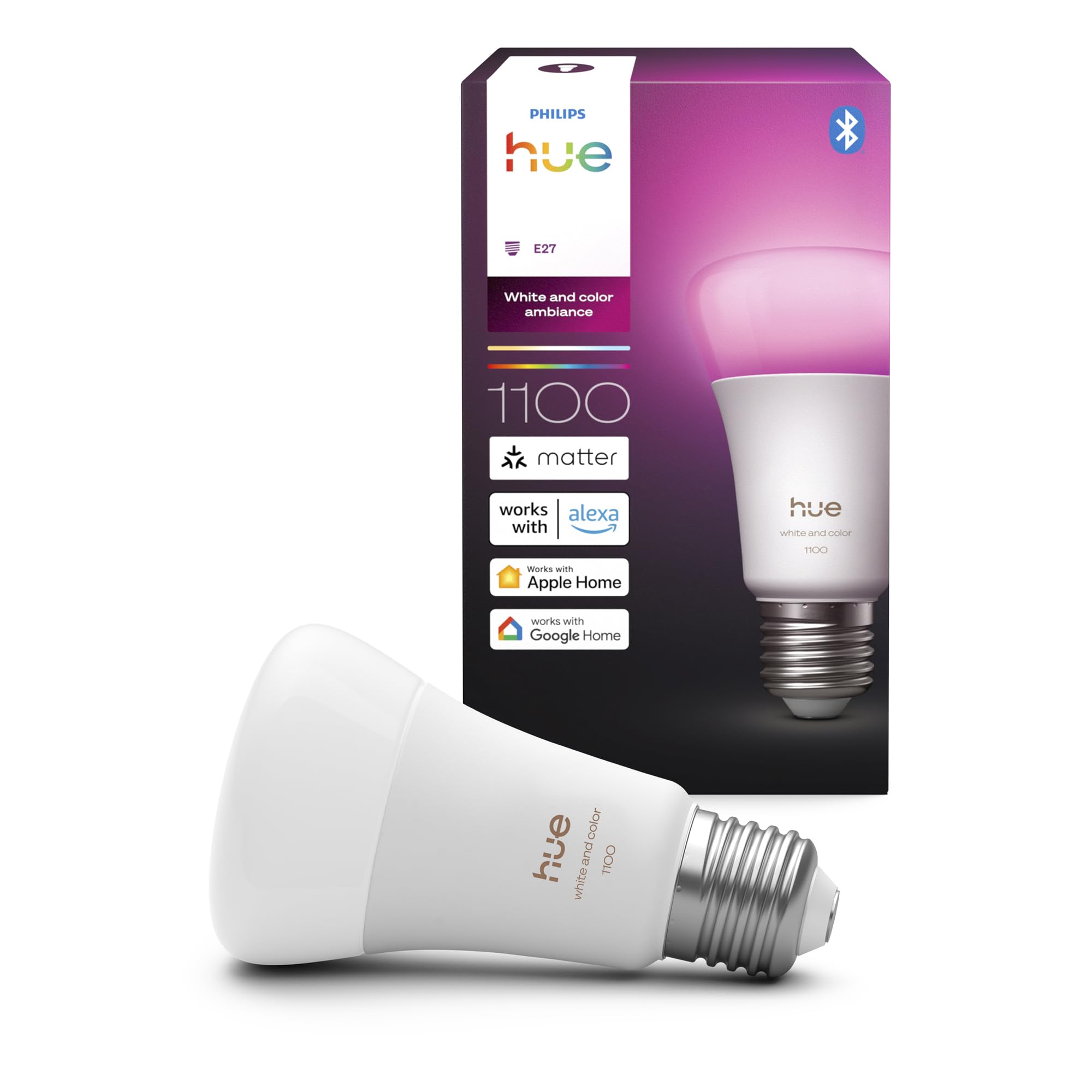 Philips Hue Philips Hue Smart LED A60 Bulb, White and Color Ambiance, E27 Base, 8.1W, Full Spectrum Light 1000K-20000K, 1100 Lumens, Dimmable, Works with Alexa, Google Assistant, and Apple Home, 1 Pack