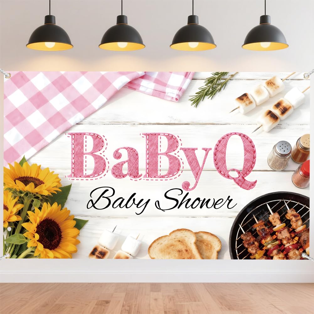 CRAFTYMELODY BBQ Shower Birthday Banner 72×44 Inch Women Birthday Party Backdrop Pink Wall Banner Photo Booth Indoor Outdoor with Grommets 3.2 Yard String for Party Decoration Supplies