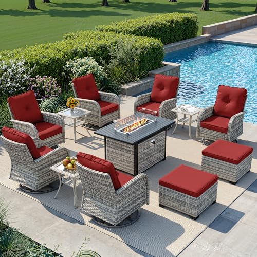 Image of 12-Piece Small Patio Furniture Set, Outdoor Swivel Rocking Chairs Set with 55,000 BTU Fire Pit Table Wicker Chairs and Ottomans, Patio Bistro Set for Balcony, Deck, Porch, Red