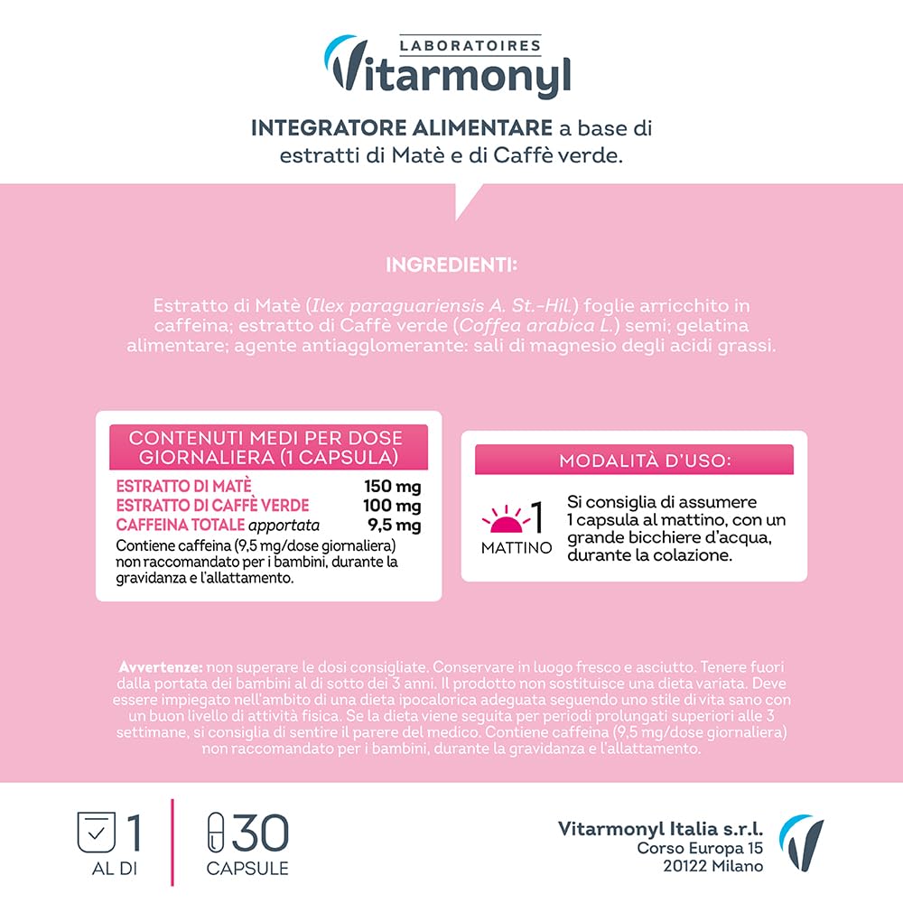 Vitarmonyl Caffè Verde e Mate - Integratore Stimolante ad Azione Drenante - Energia Naturale con Caffeina - Favorisce la Depurazione e Dona Supporto Digestivo - Senza Glutine - 30 Capsule