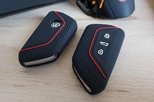 Miniatura 5 de iJDMTOY Funda de silicona suave negra para llavero con rayas rojas compatible con Volkswagen MK8 GolfGTI, Skoda Octavia con llave inteligente de 345