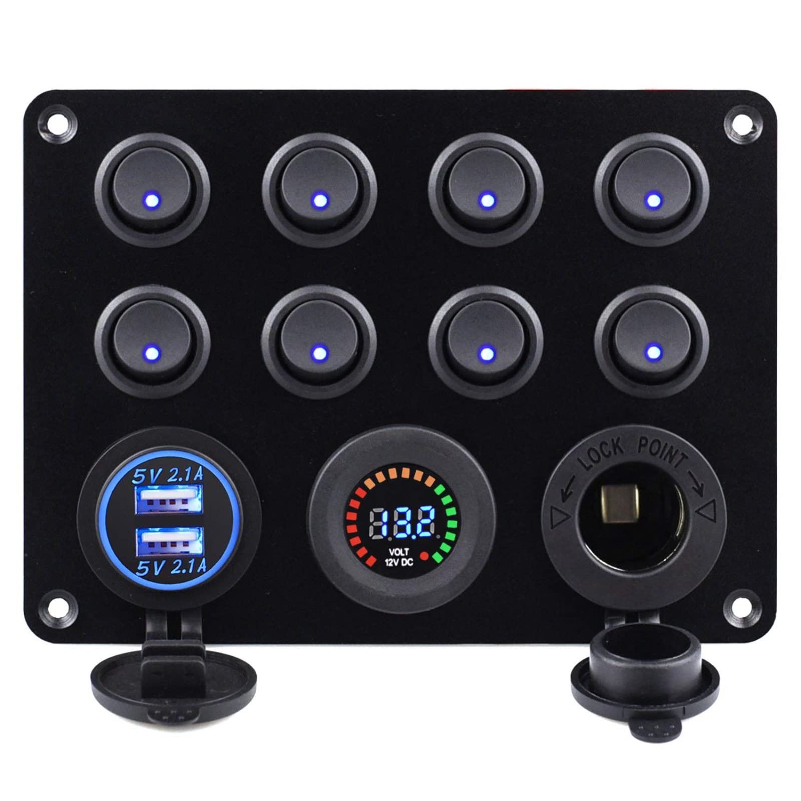 Interruptor basculante LED azul de 12/24 V para barco marino, conmutación de 8 marchas, regulable automáticamente, interruptor LED multifunción de encendido y apagado, con arnés y pegatinas