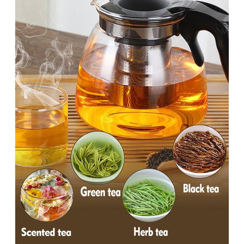 Image of Celvee Transparent Glass Teapot Set 1000ml with Stainless Steel Infuser & 4 Tea Cups | Heat Resistant Clear Tea Kettle Set | Tea Serving Set for Home, Office & Guests, Brown Handle (5 Pieces)