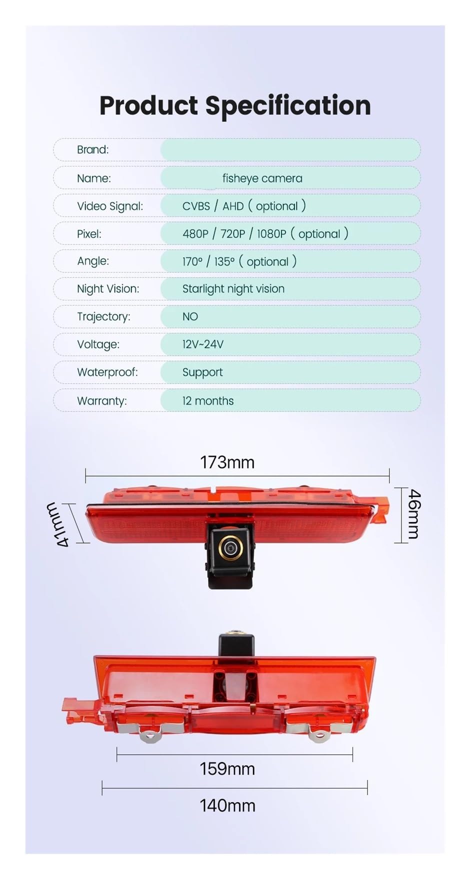Per Caddy Per Panel Per Life 2003-2019 AHD 1080P Obiettivo Fisheye LED Luce Di Freno Del Veicolo Videocamera Vista Posteriore camera retromarcia(CVBS720P-AHD720P)