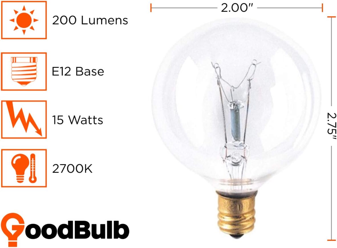 GoodBulb 15 Watt G16 Globe Incandescent Light Bulbs Clear Finish Candelabra E12 Base 2700K Soft White Light Color Dimmable 15W 200 Lumens Pack of 10 Bulbs