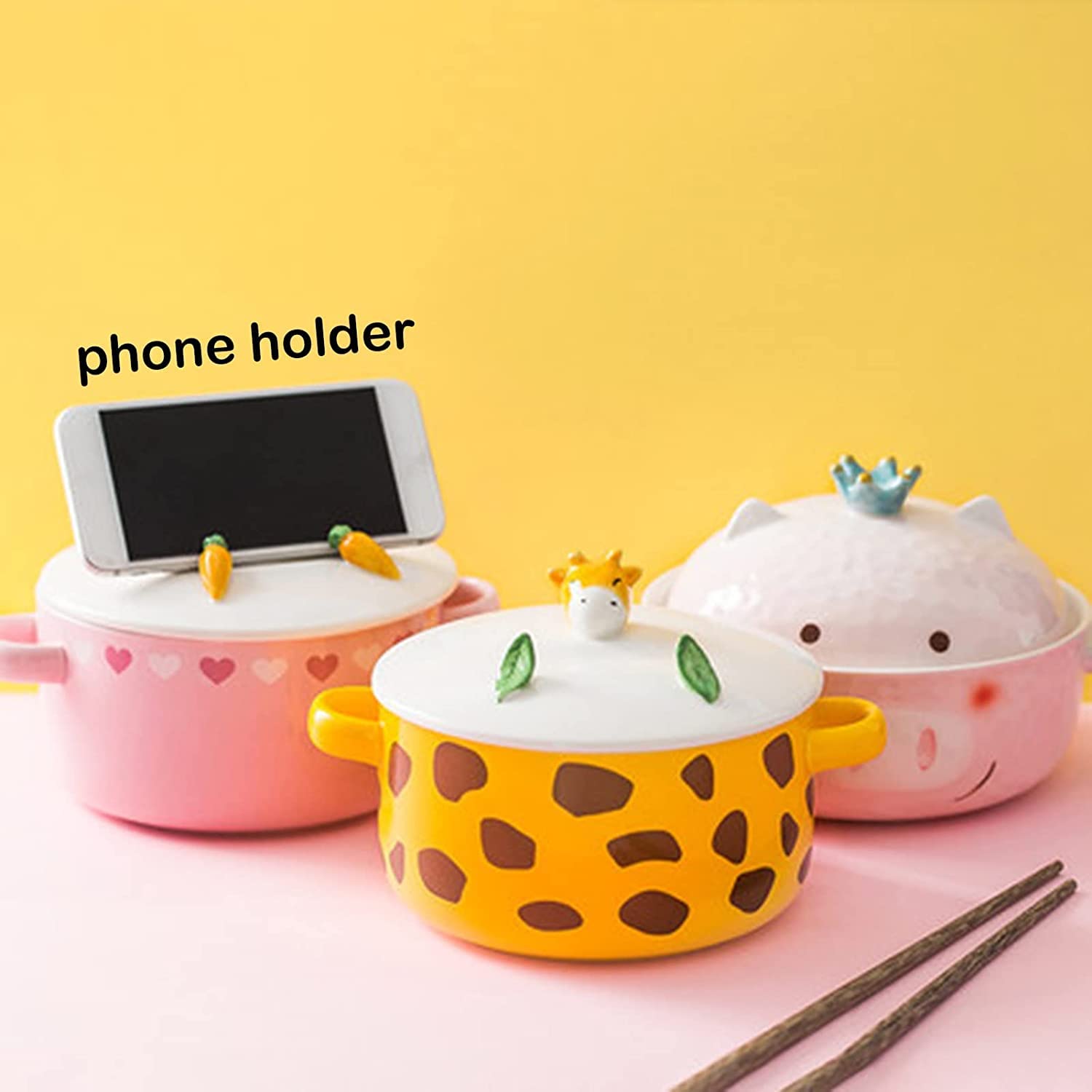 Bol à Ramen En Céramique 27 Oz (800 Ml) Avec Couvercle Et Support Téléphone - Design Girafe - Micro-ondes Et Lave-vaisselle - Cadeau Original