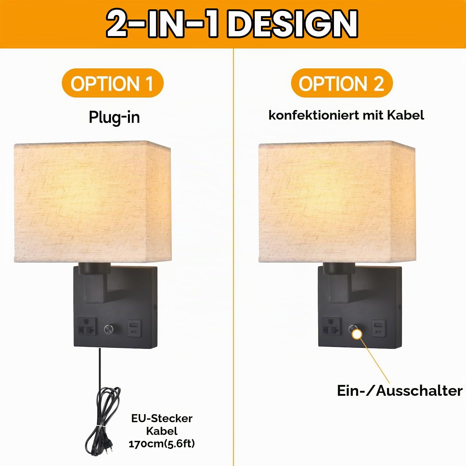 Nachttisch-Wandlampen für Schlafzimmer, steckbare Wandleuchten mit dimmbarem Schalter, AC-Steckdose & USB-Anschluss und Stoffschirm, schwarze Wandleuchten für Wohnzimmer und Hotel (Black(2 Pack))