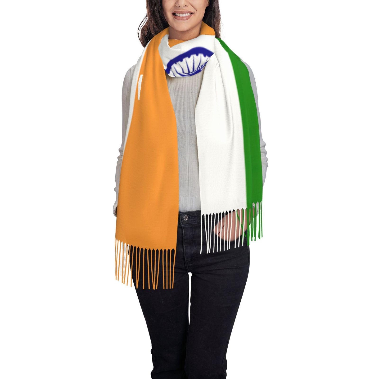 Indian Flag Womens Winter Warm Cashmere Scarf, Soft Wrap Scarves Pashmina Feel Shawl With Tassel, Black, One Size