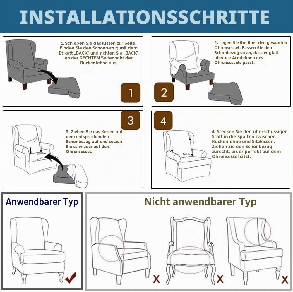 Generisch Ohrensessel überzug mit Hocker Bezug, 2 Teilig Sessel-Überwürfe+1 Teilig Ottomane Schonbezug, Beige/Grün/Rosa/Blau Ohrensessel Schonbezüge Sesselhusse Stretch Tiger Stuhlbezug mit Armlehne