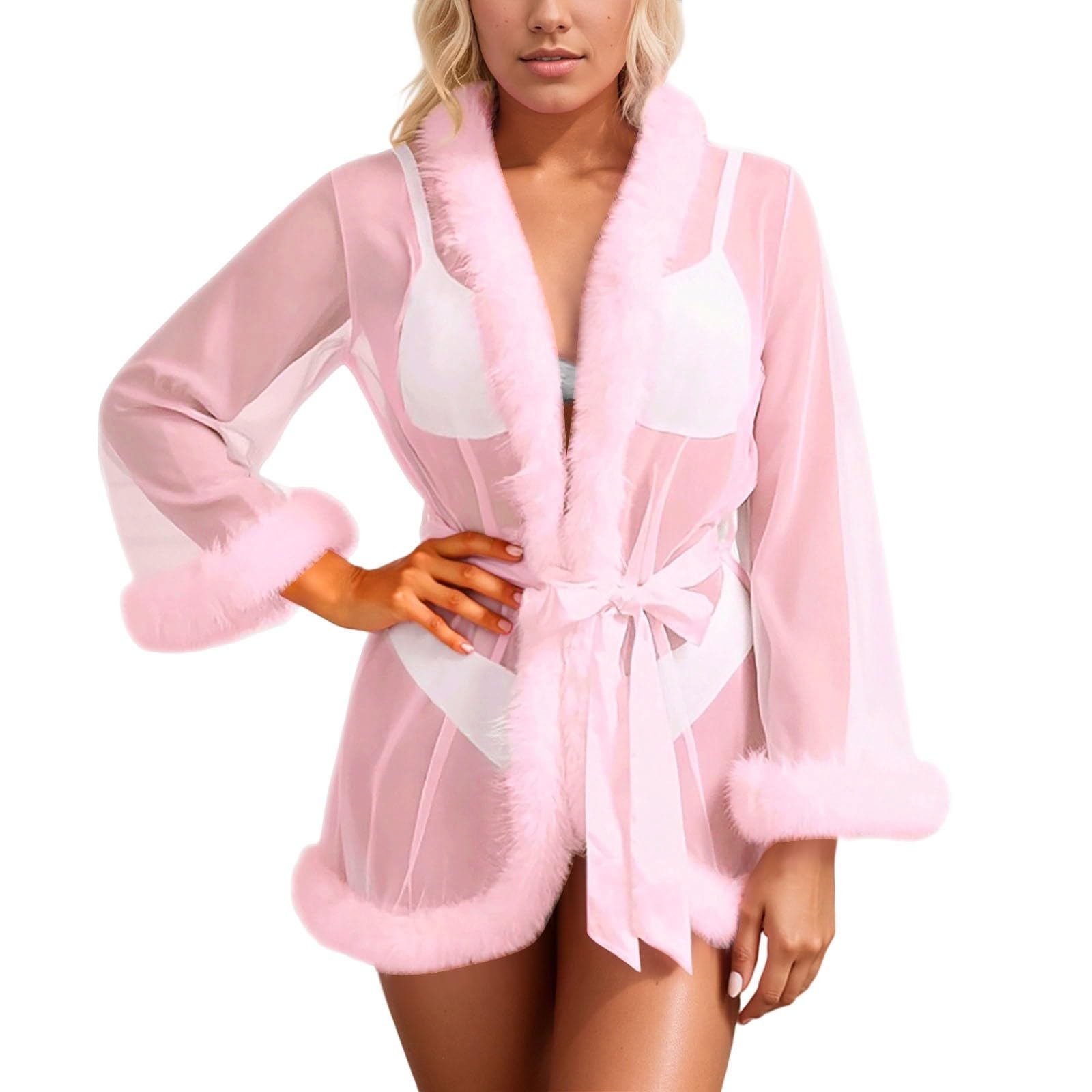 Vestaglia da donna in chiffon trasparente con bordo in pelliccia, kimono corto per serate speciali | Biancheria da notte seducente con cintura