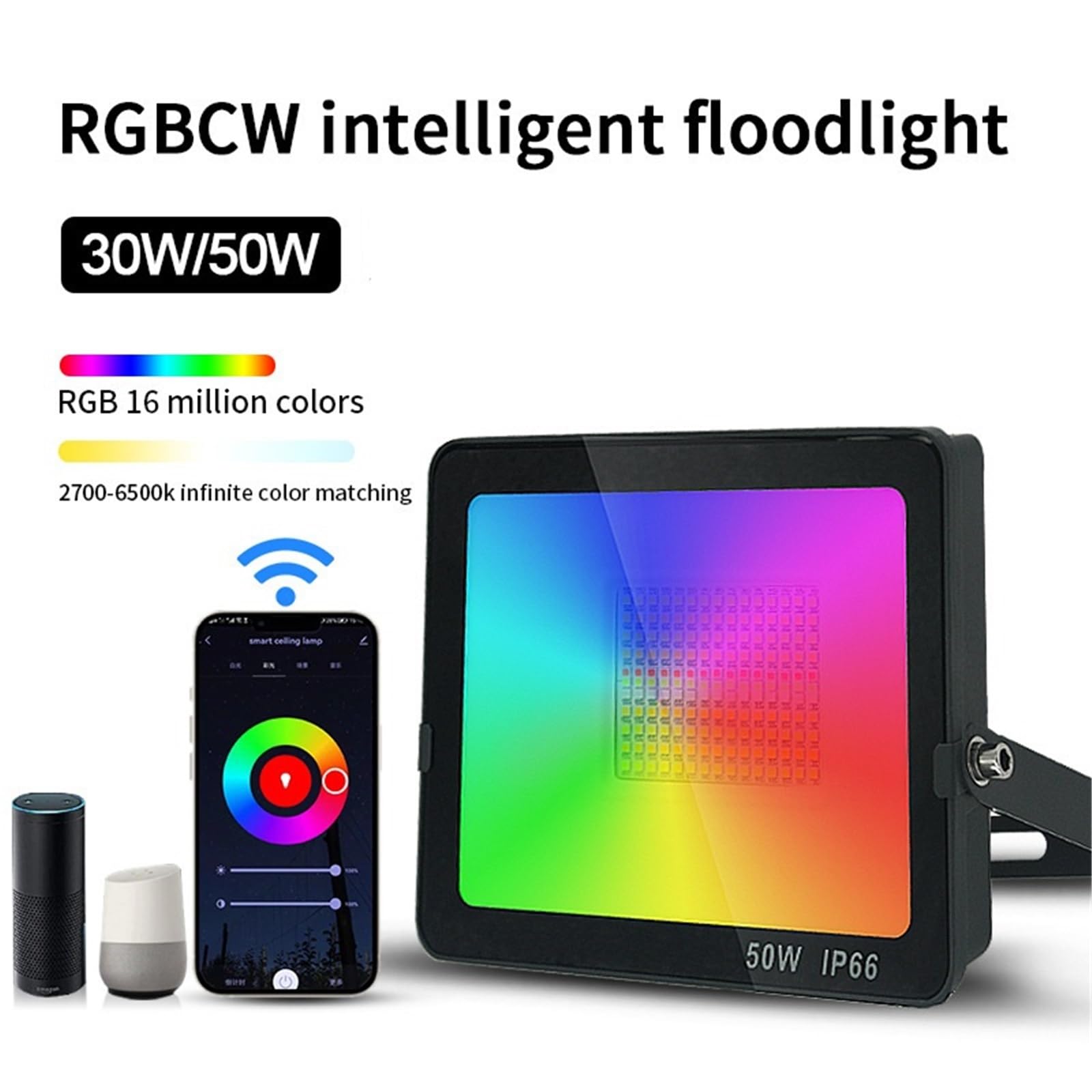 Faretto a LED 2 pezzi LED Flood Light Smart WIFI + Bluetooth RGBCW APP Floodlight Atmosfera da giardino colorata per giardino, cortile, garage, strade(50W)