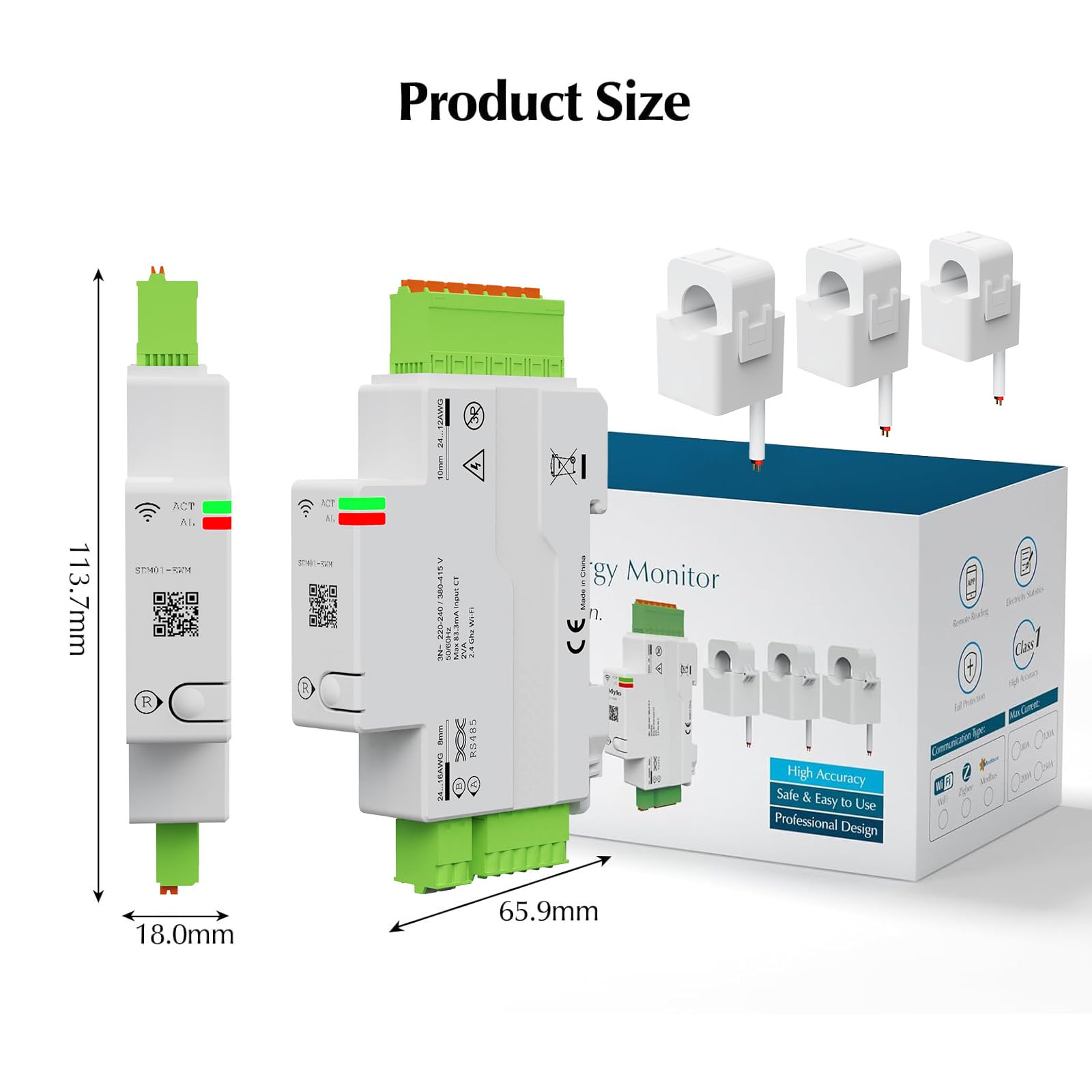 Yasorn Medidor de Energía Wi‑Fi 3 Fases 3×80A, Monitor Inteligente de Consumo y Potencia, Medición en Tiempo Real vía App Smart Life/Tuya, Montaje en Carril DIN, Compatible Alexa & Google