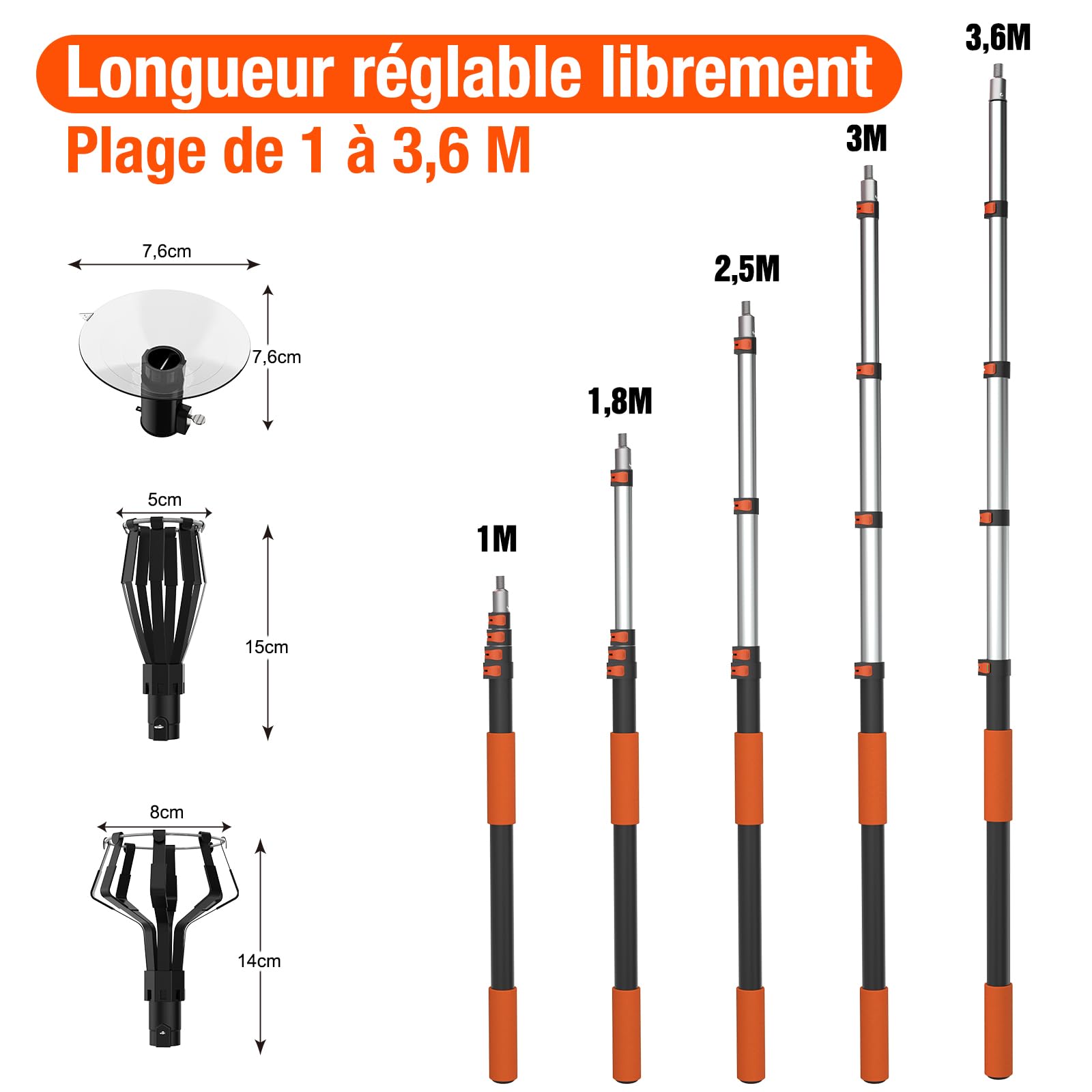 LAANPOLE Changeur 3,6m D’ampoules pour Hauts Plafonds, avec Paniers et Ventouse pour Luminaires Encastrés, Perche Télescopique Réglable