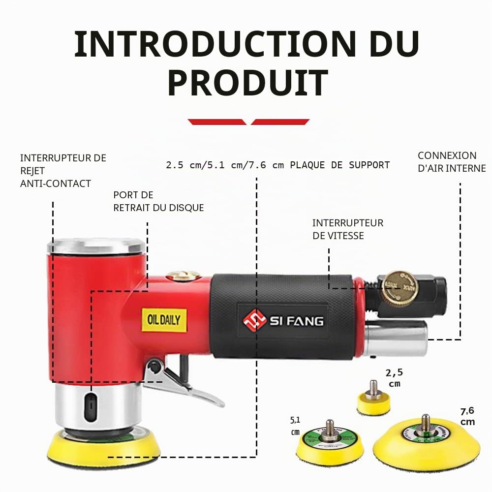 SI FANG Mini Ponceuse Excentrique Pneumatique à Air Comprimé 48Pcs avec Disques 25mm/50mm/75mm, Ponceuse Orbitale, Polisseuse Carrosserie Complète avec Accessoires