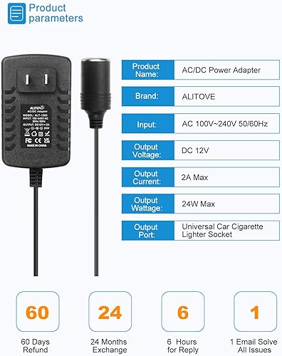 Miniatura 2 de ALITOVE Convertidor de CA a CC 12V 2A 24W Fuente de alimentación 110V a 12V Convertidor AC/DC Adaptador con encendedor de cigarrillos de coche