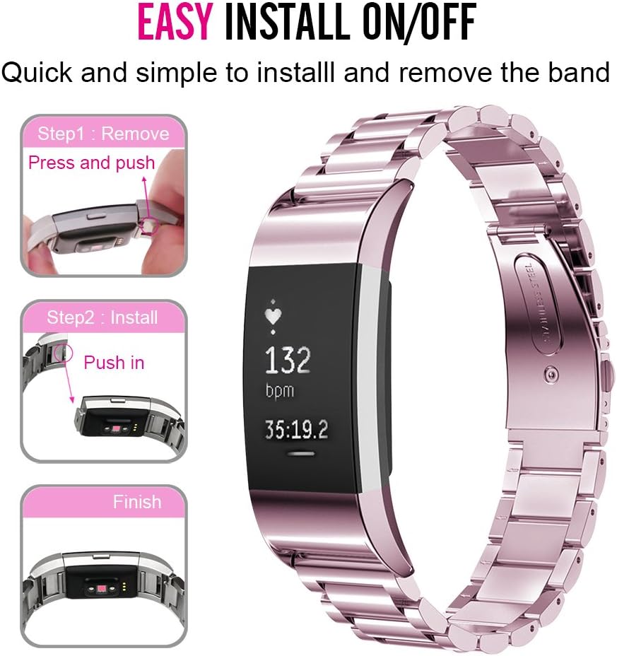 Oitom Stainless Steel Bands Compatilbe with Fitbit Charge 2,Premium Stainless Steel SS Metal Replacement Watch Band Strap for Smart Fitness Watch(Sakura Pink)