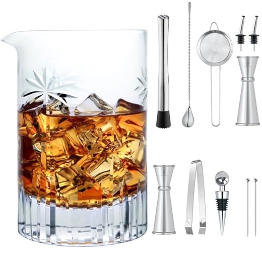 Cocktail Mixing Glass Bar Set includes 24oz Thick Bottom Mixing Glass, Hawthorne Strainer, Double Jigger, Muddle Spoon Bar Kit Gift Set by Homestia