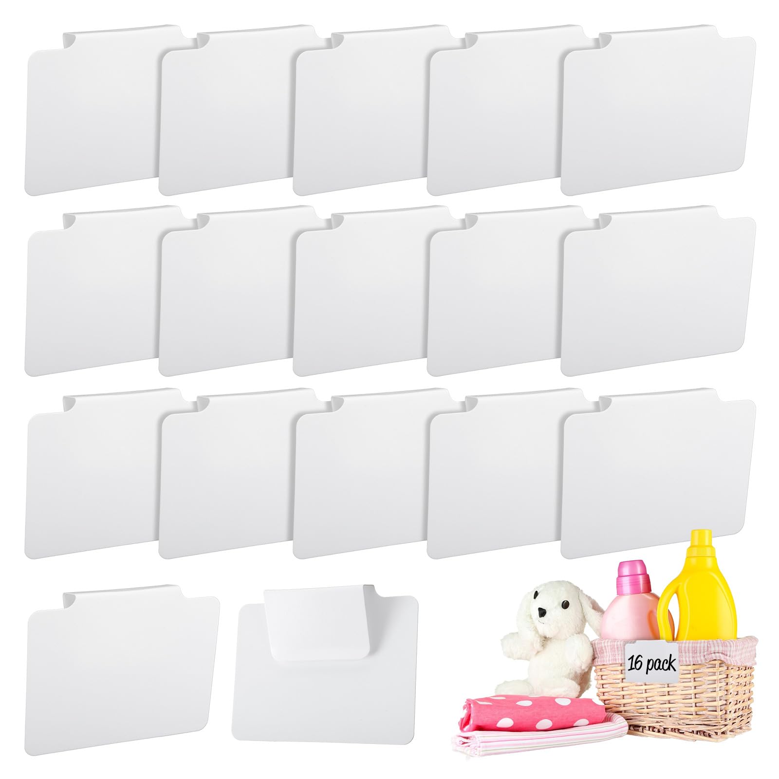16Pcs White Clip-On Basket Labels, 3.5x2.5 Inch Removable PVC Labels with Holders for Storage Bins, Pantry & Closet Organization, Removable Label Holders