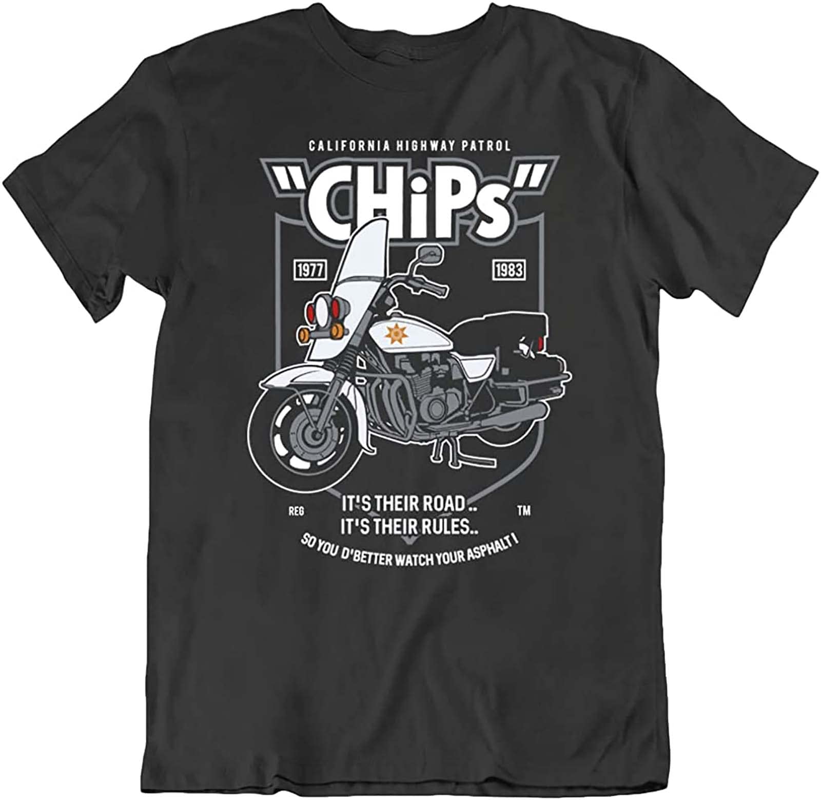 Police Motorcycle California Highway Patrol Road Retro TV Chips T-Shirt Gift NewXL Black
