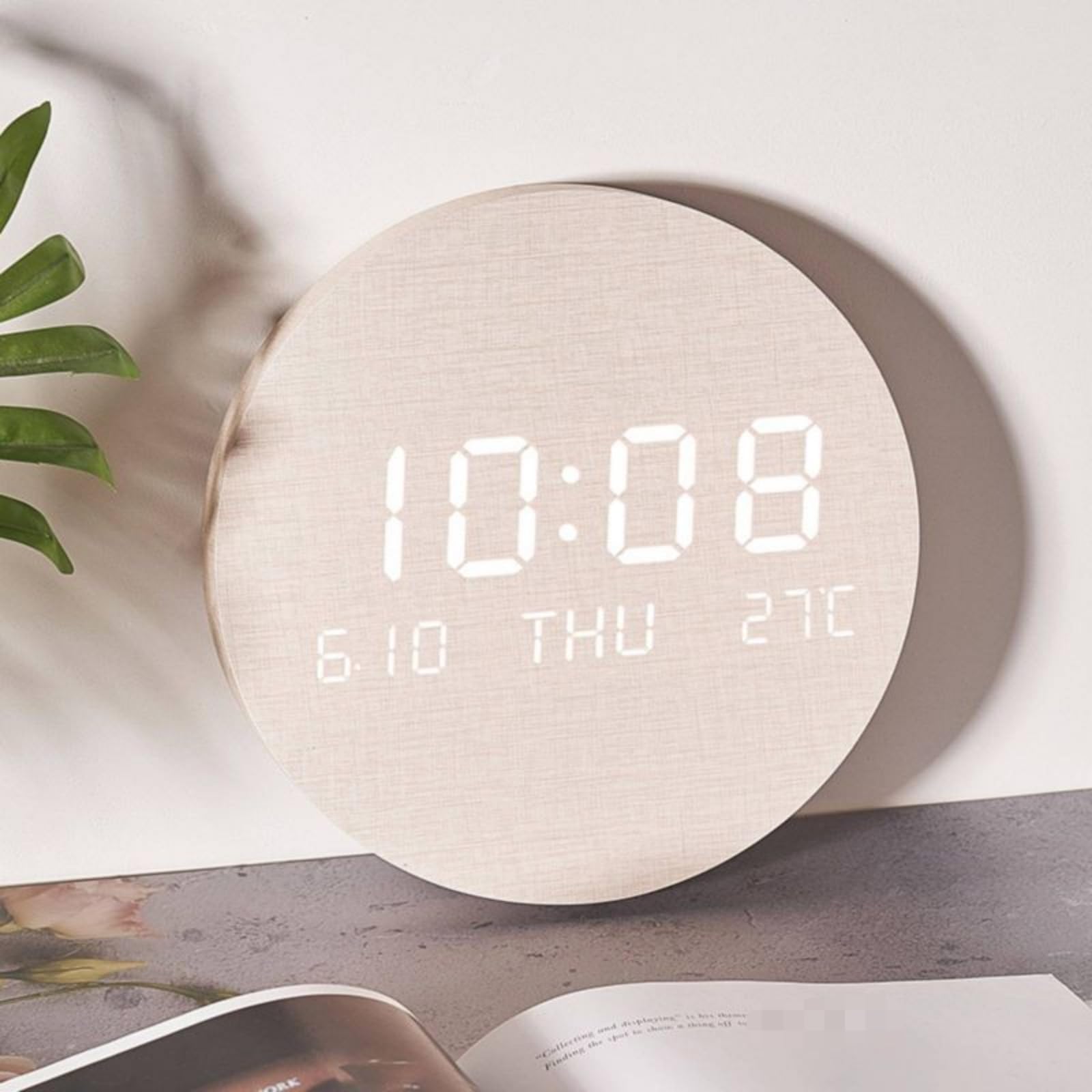 LOVIVER Reloj de Pared Eléctrico Digital Reloj LED Reloj Redondo Reloj Decorativo Moderno con Dígitos Día y Temperatura Visibles Luz Suave por la Noche, Wood