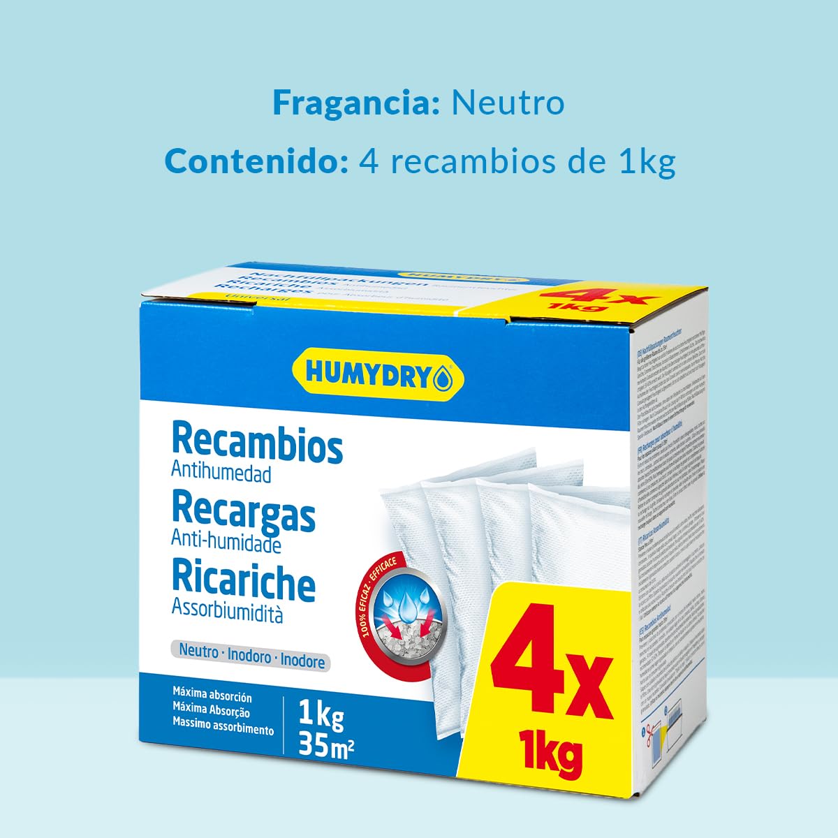 HUMYDRY - Pack 4 Recambio Deshumidificador 1kg – Sin Perfume – Absorbe la Humedad en Espacios de hasta 35 m² – Compatible con Aparatos 1 kg Premium y Magnum