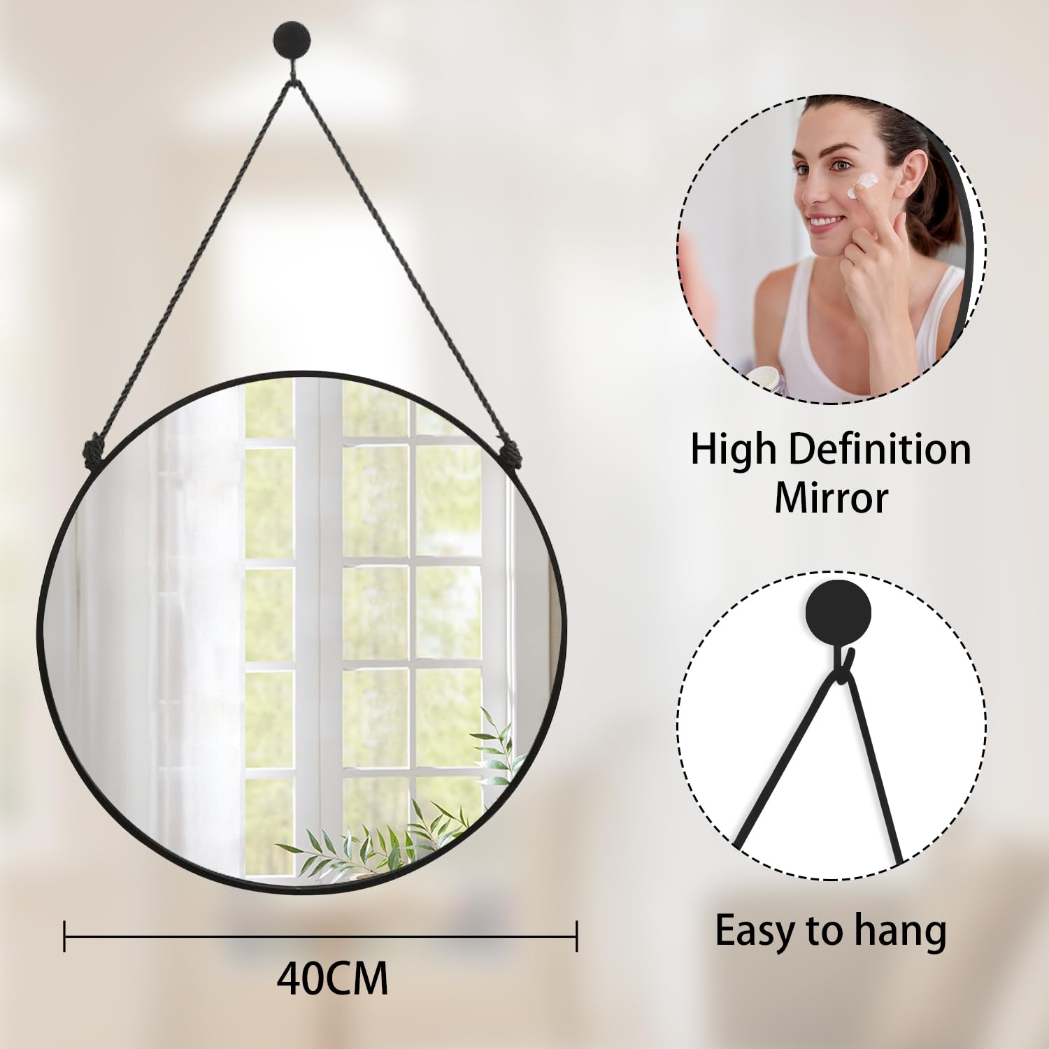 Gosider Circle Hanging Wall Mirror, Black Round Mirror, 16 Inch, Modern Home Decor for Bathroom Living Room, Bedroom - Image 4