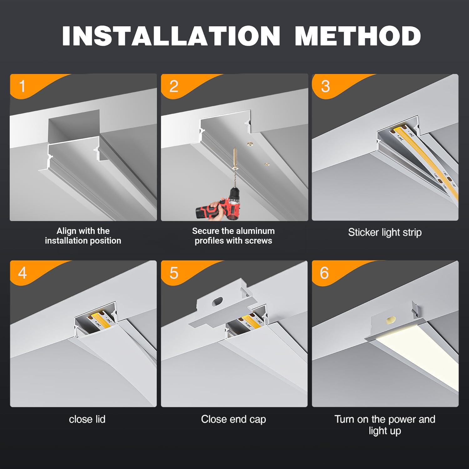 Profilo LED da incasso in alluminio, profilo a U con diffusore lattiginoso, kit di installazione in alluminio per strisce LED da 15 mm, incluse coperture di protezione e clip metalliche.