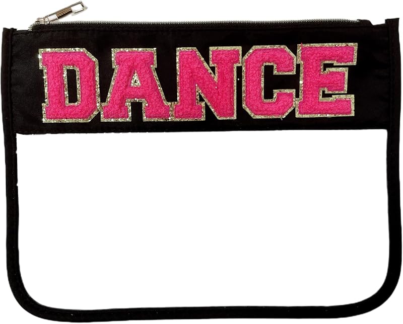 Necessaire de maquiagem transparente cqoogrlx com patch de letra em chenille, zíper, Dance-black