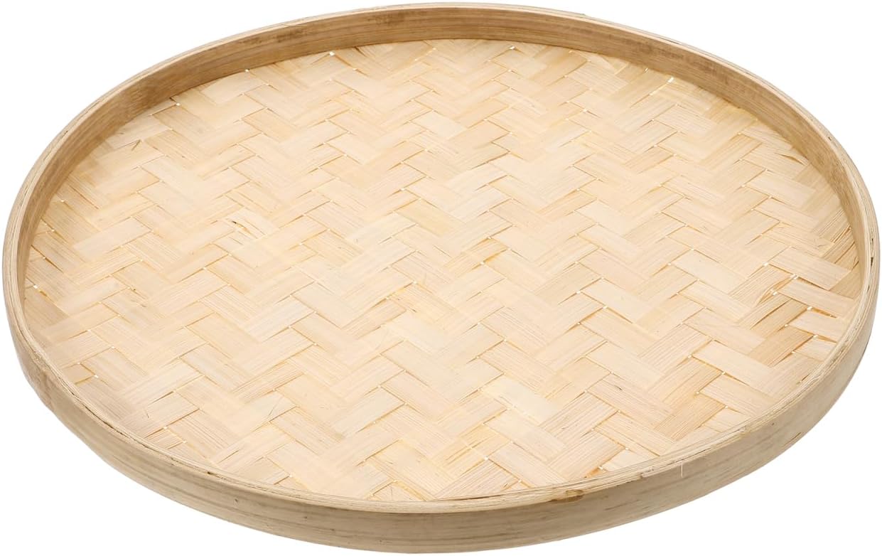 Amosfun Round Woven Bamboo Basket Tray 14 Inch - Lightweight Kitchen Sieve, Serving Platter for Tea Leaves, Herbs, Bread - Multi-Use Home Outdoor
