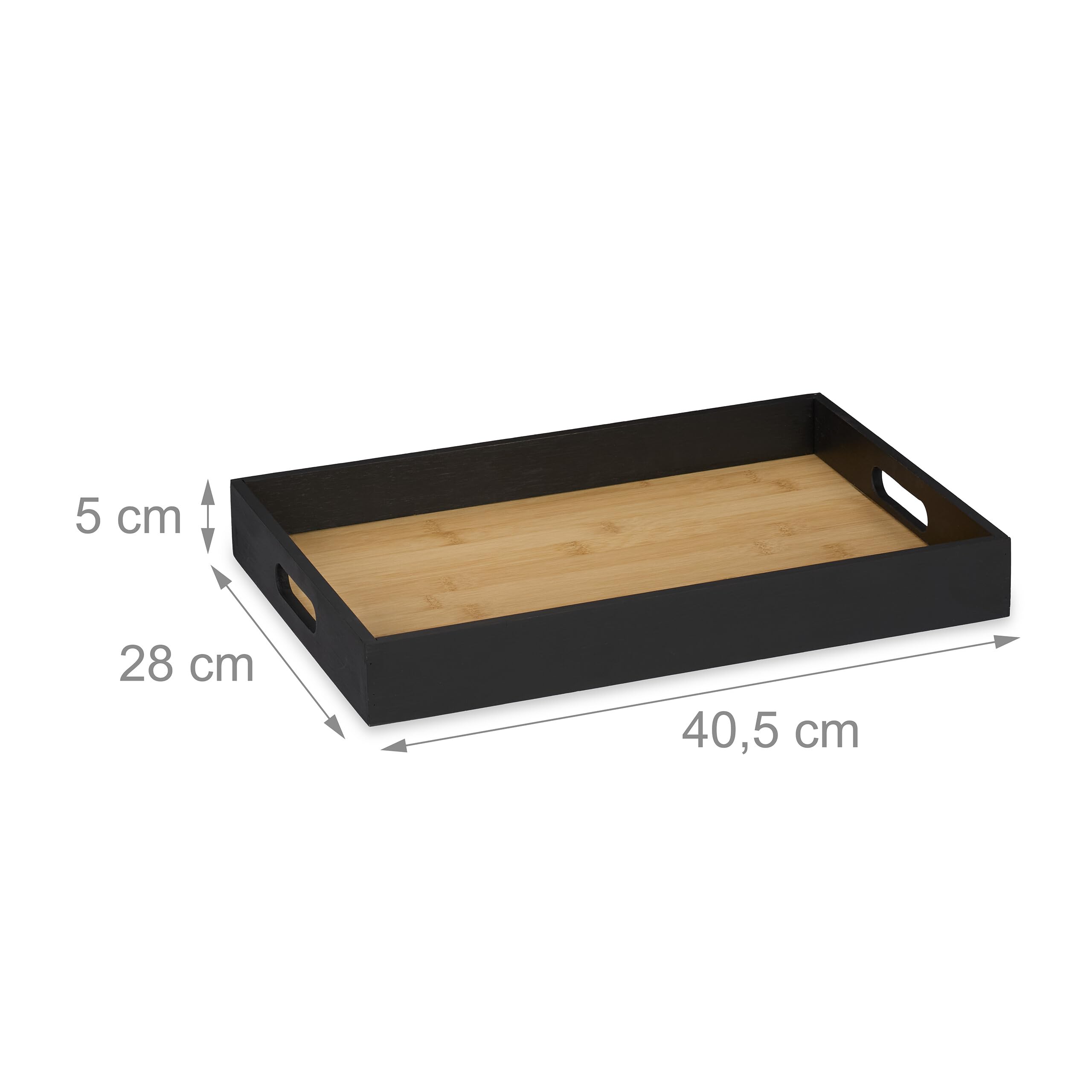Relaxdays Taca, bambus, MDF, wys. x gł.: 5 x 40,5 x 28 cm, taca do serwowania z uchwytami, wysoka krawędź, prostokątna, czarna/naturalna
