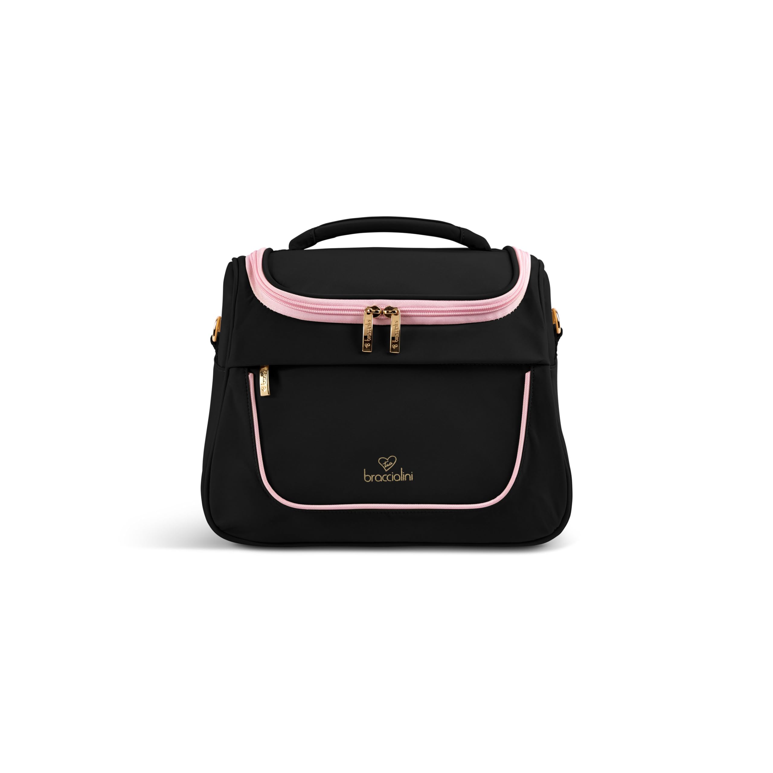 Braccialini Travel Kühn und raffiniert, das Braccialini Beauty Case aus Nylon vereint elegantes Schwarz mit Leopardenmuster, eingerahmt von rosa Einfassungen und goldfarbenen Metalldetails. Leicht und