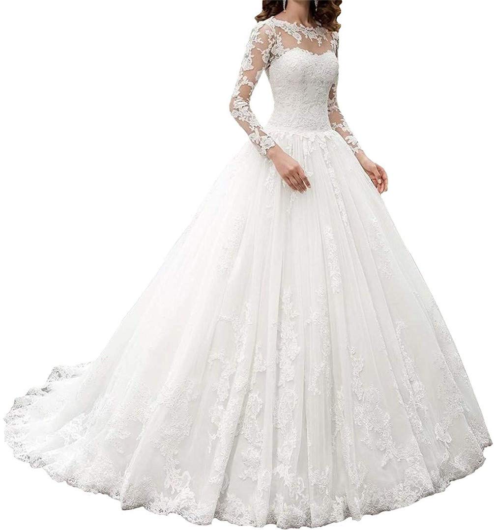 Women's Lace Appliques V Neck Long Sleeves Wedding Dresses Tulle Boho Bridal Gowns 2023