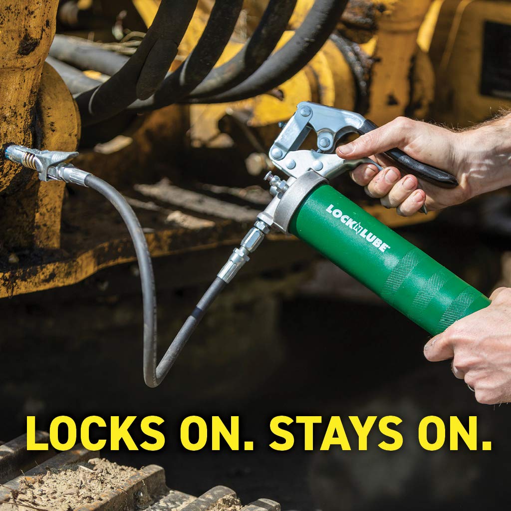 LockNLube Grease Gun Coupler locks onto Zerk fittings. Grease goes in