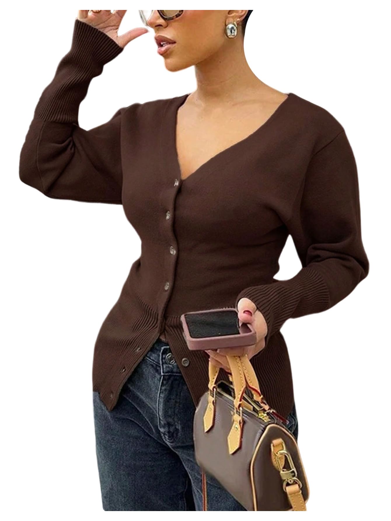 GORGLITTER Womens Button Up Cardigan Sweaters Cinched Waist Deep V Neck Fitted Knit Tops Fall Outfits Trendy 2025