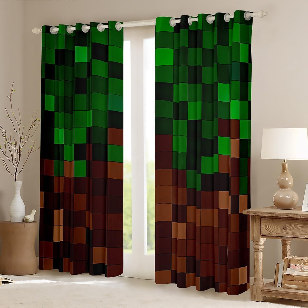 Manfei Pixelierte Blackout Vorhänge, Patchwork Grid Videospiele Jungen Zimmer Dekor,Bergleute Lattice Simple Window Curtains,Dark Green Brown 2 Panels, S Größe
