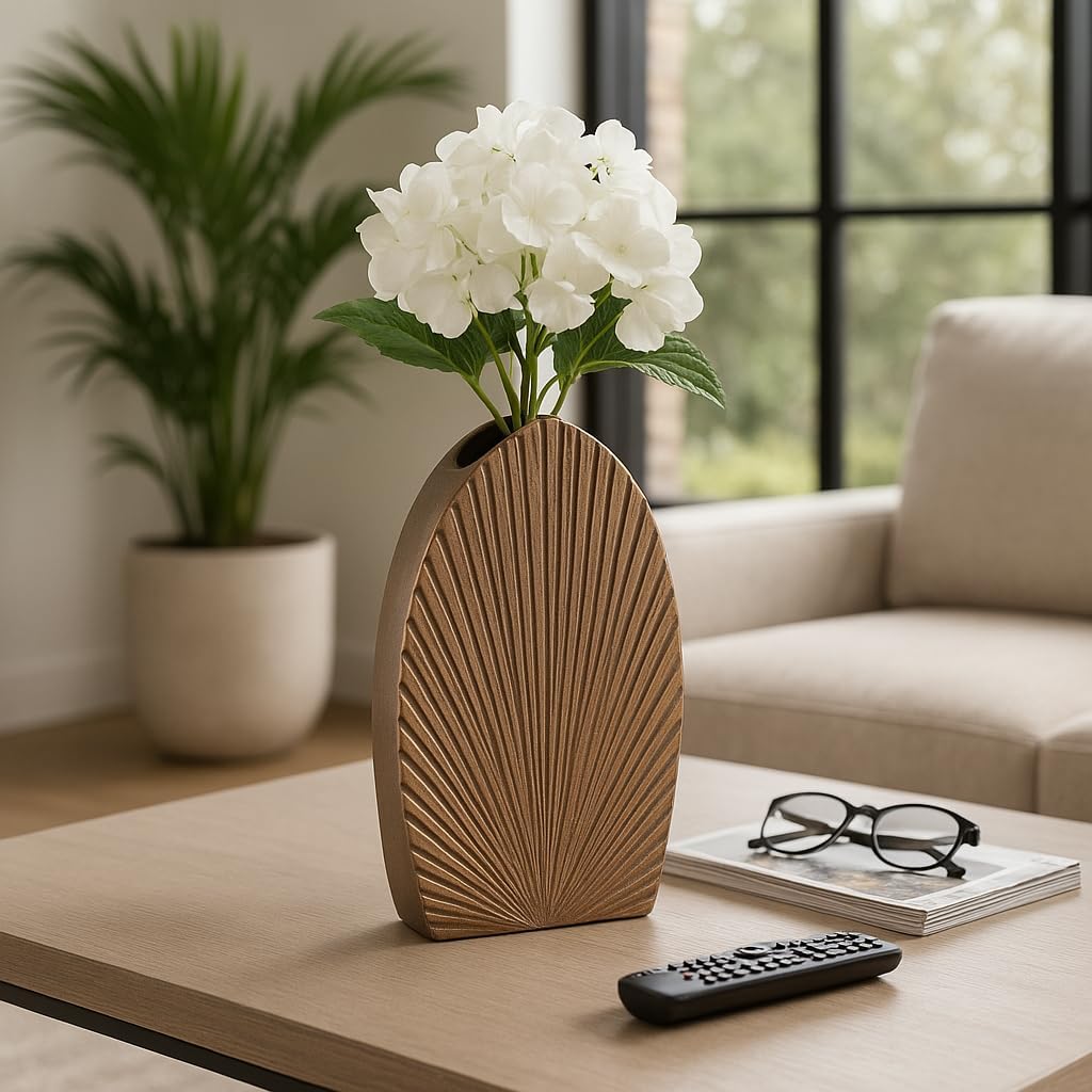 Elegant Ribbed Metal Vase for Living Room Decor - Decorative Flower Vase for Bedroom, Office, and Home Decor - Stylish Sculptural House Vase for Room, Tabletop, or Centerpiece Accent - 14" Champagne