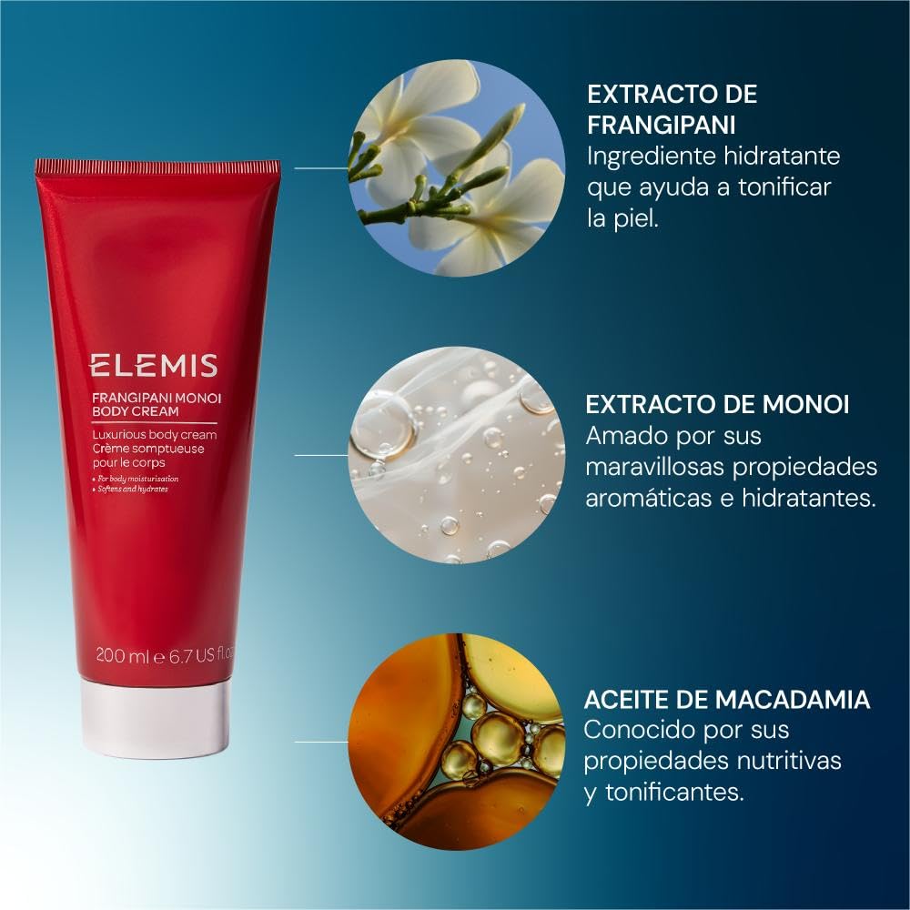 ELEMIS Frangipani Monoi Body Cream, Crema Corporal de Lujo 200ml | Crema corporal con frangipani, monoi y macadamia para hidratar, alisar y dejar la piel suave y perfumada