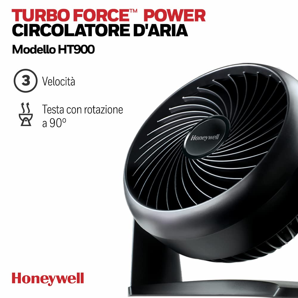Honeywell TurboForce Ventilatore ad alta potenza, Raffreddamento silenzioso, Inclinazione variabile a 90°, 3 impostazioni di velocità, Nero, HT900E