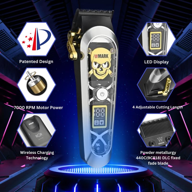 Image of WMARK NG-130 Salon Series Professional Wireless charging Digital Display Cordless Hair Clipper Patent design precision powder metallurgy 440C fade blade 7000 RPM motor 6 Guide Comb 240 min, Silver