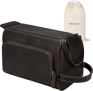 Vorspack Genuine Leather Toiletry Bag for Men - Dark Brown | Water Resistant, Wide Opening, Organized Compartment, Small Travel Bag for Toiletries, Ideal for Travel and Daily Use
