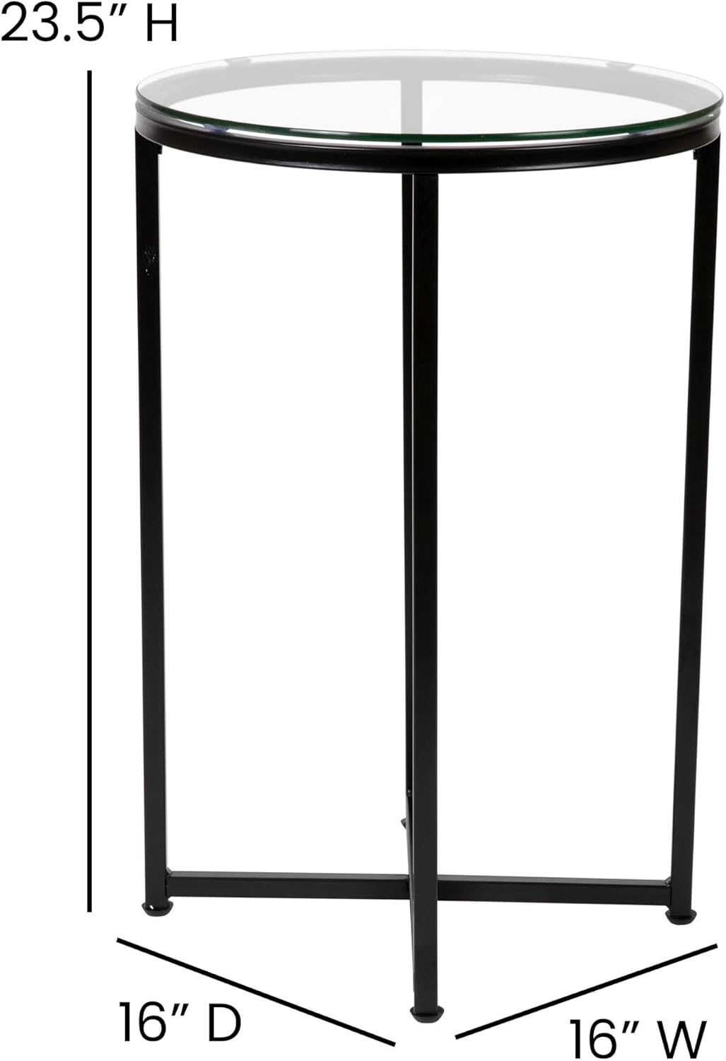 Merrick Lane Fairdale Glass End Table - Clear Top with Matt Gold Frame - Round Frame Design - Cross Brace Frame
