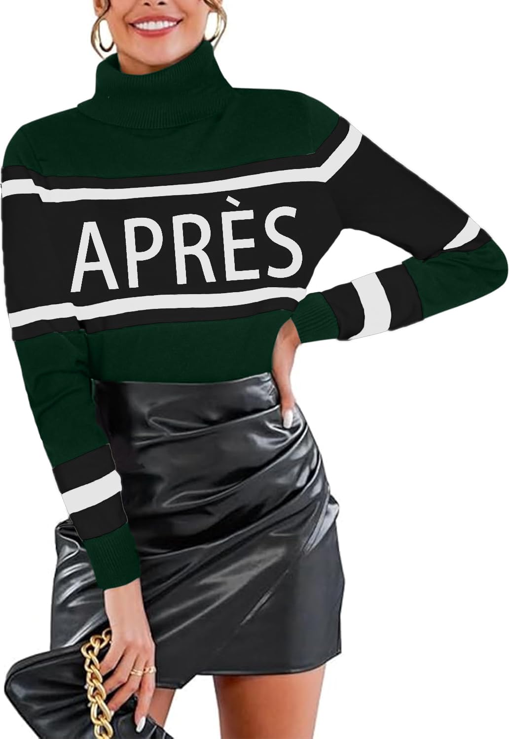 Women Turtleneck Sweaters Striped Colorblock Tops Winter Apres Ski Sweater Shirts Fashion Winter Outfits