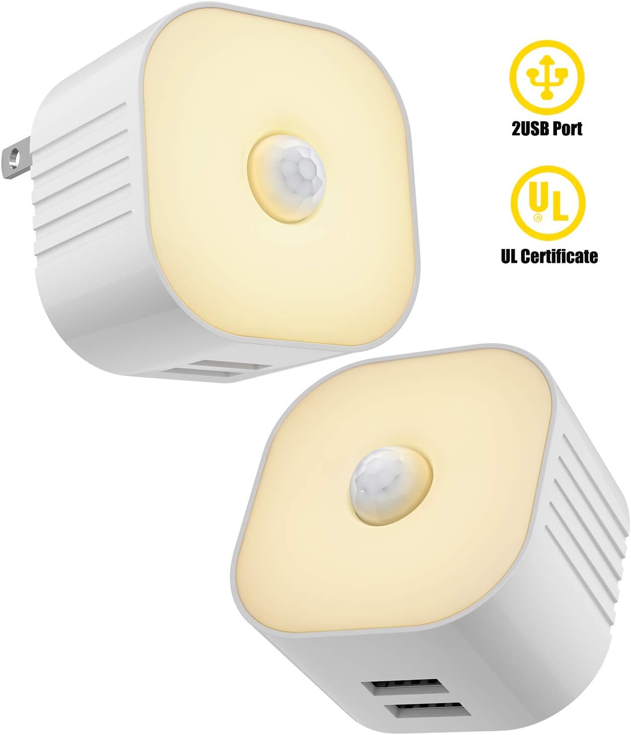 2-Outlet Motion Sensor Night Light 2-Pack, UL Certificated, Warm Light, White