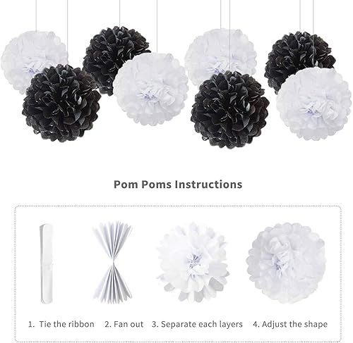 Miniatura 8 de ANSOMO Decoraciones de fiesta de feliz cumpleaños en blanco y negro, 30 piezas de globos, pancartas de aluminio con flecos, para hombres y mujeres