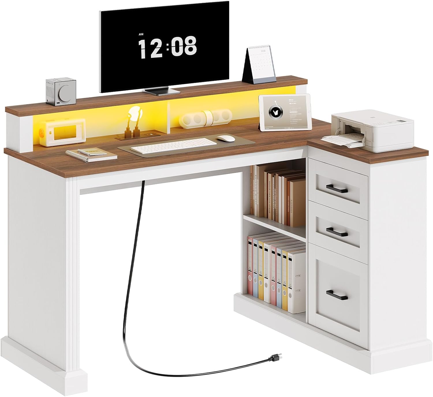Farmhouse Executive Desk, L Shaped Computer Desk with Power Outlets and LED Lights, Home Office Gaming Desk with Drawers and Monitor Stand, for Living Room, White and Walnut DN04UDWH