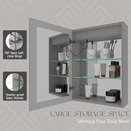 Miniatura 6 de Botiquín de baño de 20 x 28 pulgadas con luces, botiquín LED con espejo, botiquín de baño iluminado con almacenamiento, reloj digital y pantalla de