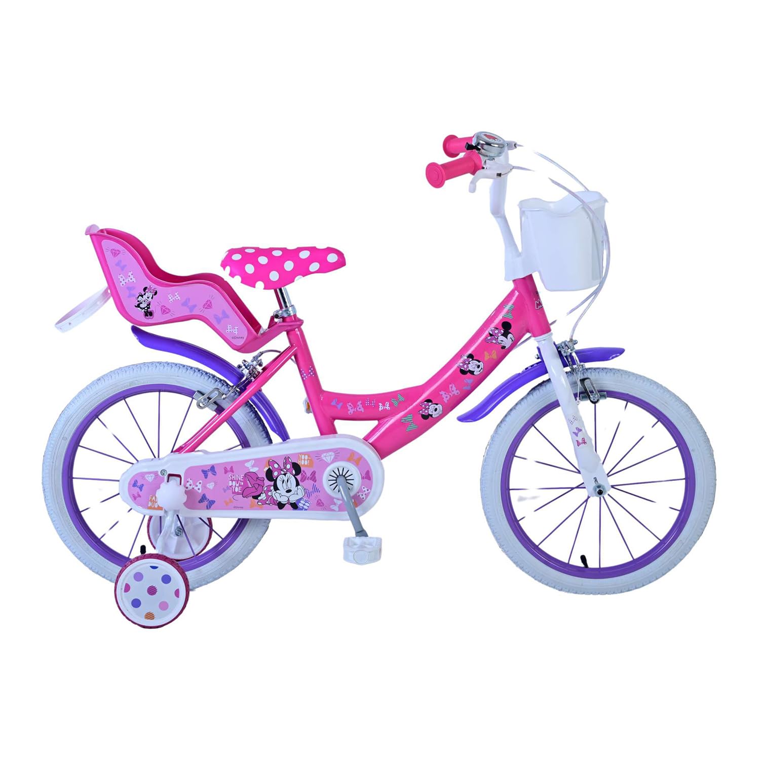 bicicletta da 16 pollici di minnie, con stabilizzatori laterali, portabambole, cestino anteriore personalizzato. Made in Italy